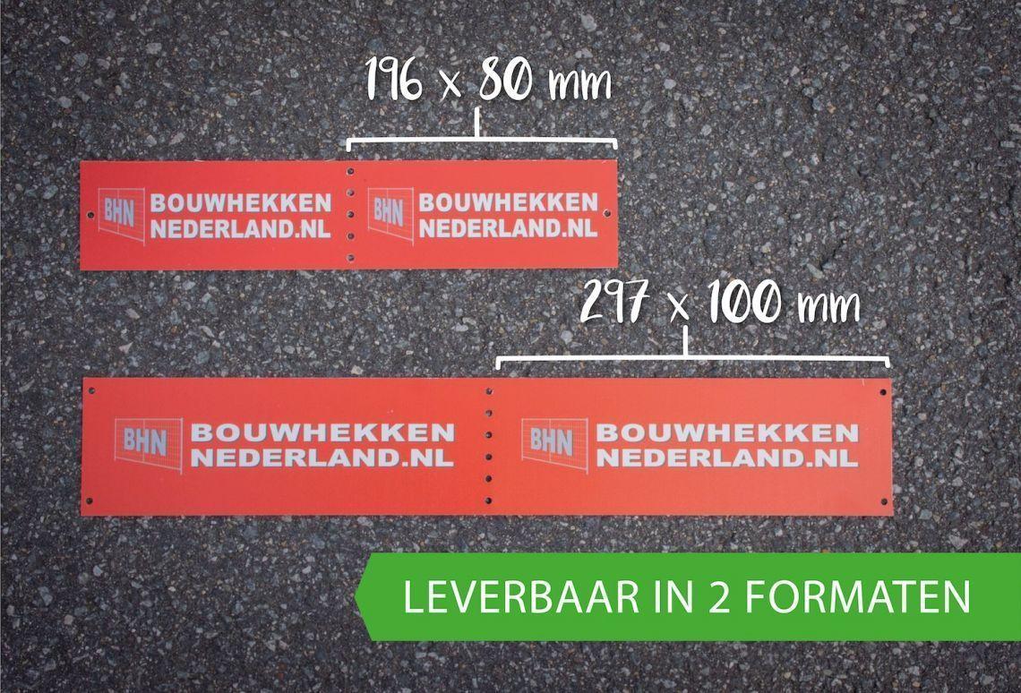 Bouwhek Logo Bordje | 272 x 100 mm in vergelijking met 196 x 80 mm